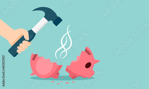 Hand holding a hammer above the piggy bank and no savings money. No deposit. Need money for the emergency concept. Vector illustration cartoon flat design with copy space.