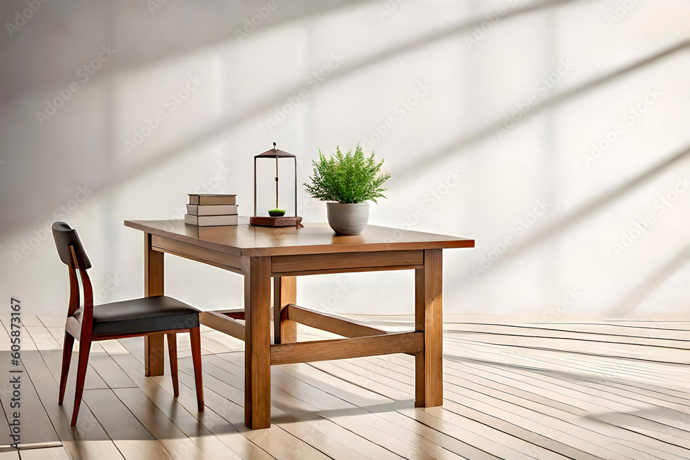 Wooden table mockup on stucco background with branch shadows on the wall created with Generative AI technology.