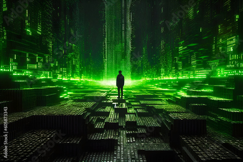 Intertwines lines of cascading green code, creating an immersive and dynamic atmosphere. Generated AI