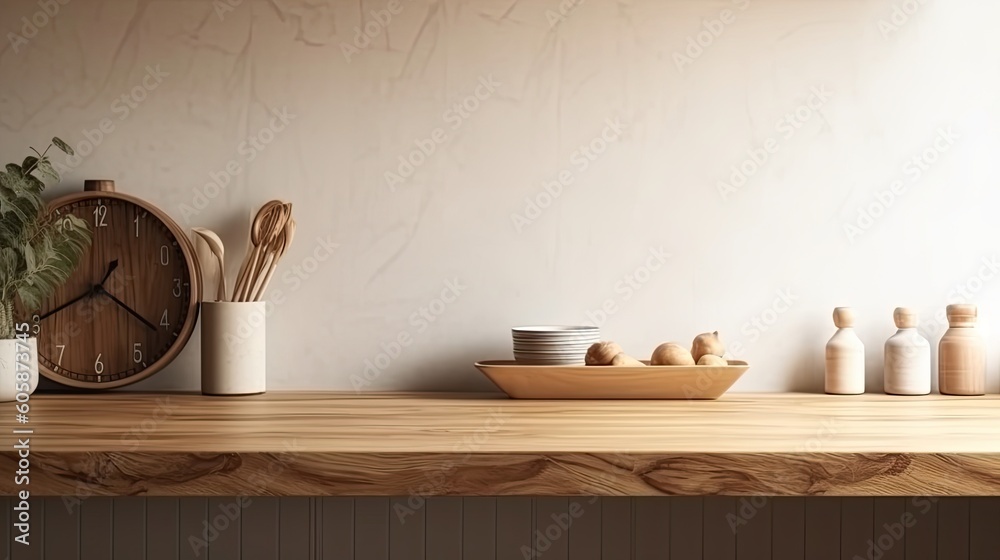 Interior of modern kitchen with white walls, wooden countertops, round wooden bowls with dried flowers and clocks. 3d rendering Interior of modern kitchen with white walls, wooden countertops, round wooden bowls with dried flowers and clocks. 3d rendering