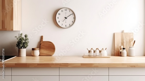 Interior of modern kitchen with white walls, wooden countertops, round wooden bowls with dried flowers and clocks. 3d rendering 