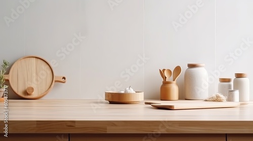Interior of modern kitchen with white walls, wooden countertops, round wooden bowls with dried flowers and clocks. 3d rendering  © ttonaorh