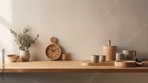 Interior of modern kitchen with white walls, wooden countertops, round wooden bowls with dried flowers and clocks. 3d rendering 