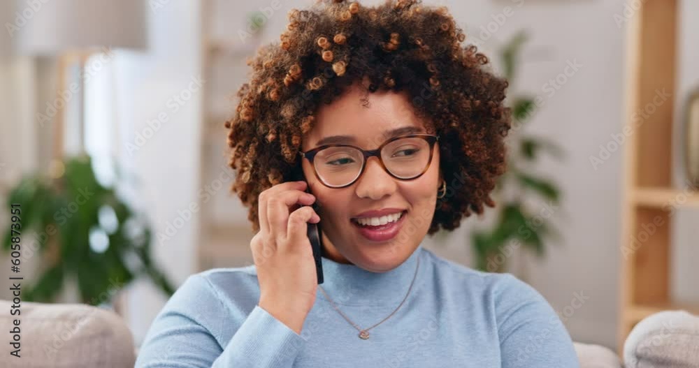 Relax, talking and woman on a phone call on the sofa, communication and answering a mobile. Smile, thinking and a young girl speaking on a cellphone for conversation, connection and happiness at home