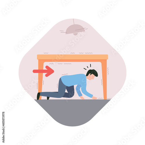 Earthquake emergency safety rules and instruction vector illustration. Crawl under the table