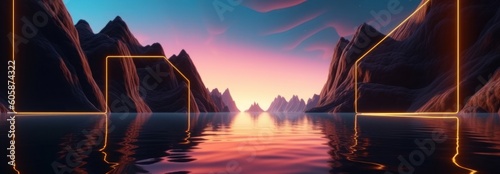 3d render, neon square frame glowing over the futuristic landscape with cliffs and water, sunset or sunrise. Modern minimal abstract background. Spiritual zen, Generative AI