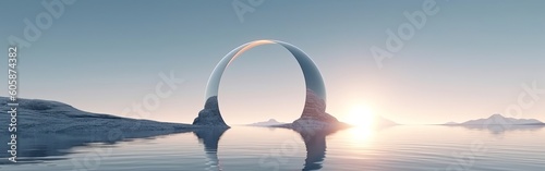 3d rendering, abstract panoramic background, northern seascape, fantastic scenery with calm water, flat geometric mirror arches and plain gradient sky. Aesthetic landscape, Generative AI