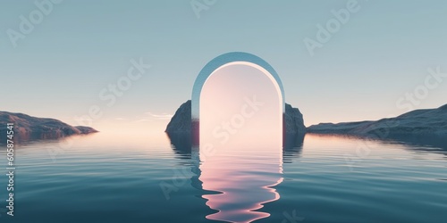 3d render, abstract zen seascape background. Nordic surreal scenery with mirror arch, calm water and pastel gradient sky. Futuristic minimalist, Generative AI