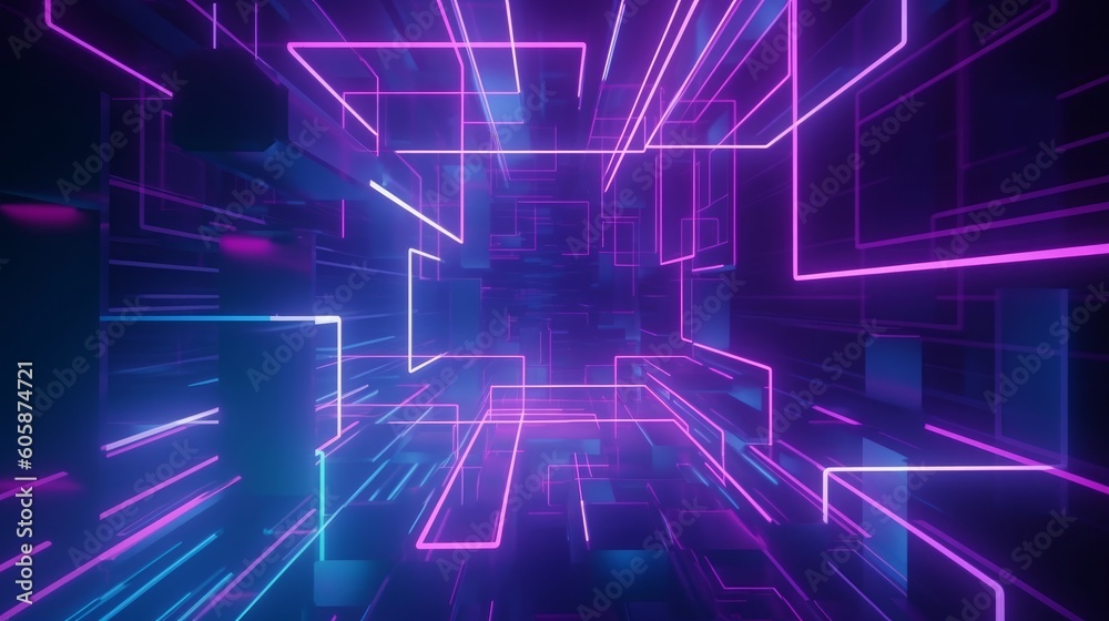 Obraz premium 3d render, abstract geometric background with shapes and neon lines glowing in ultraviolet light, Generative AI