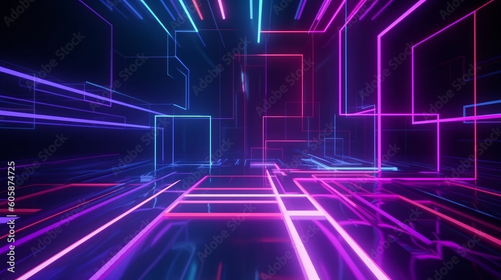 3d render, abstract geometric background with shapes and neon lines glowing in ultraviolet light, Generative AI 3d render, abstract geometric background with shapes and neon lines glowing in ultraviolet light, Generative AI