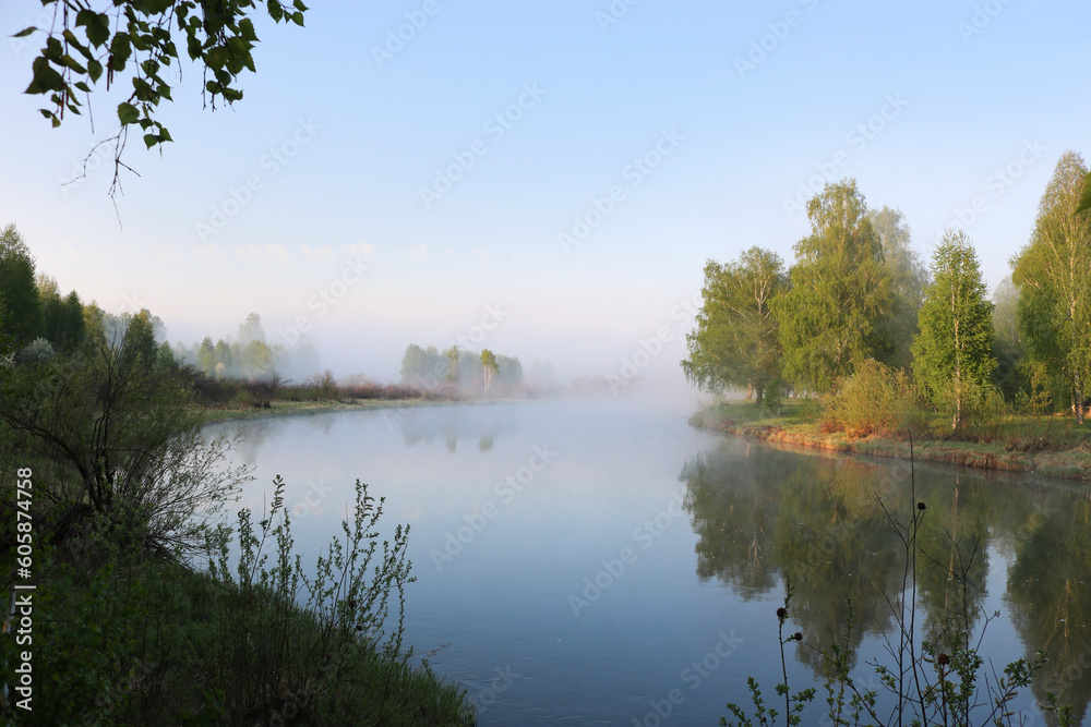 Summer morning on the river with fog, birches on the shore. Travel outdoors.