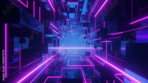 3d render, abstract geometric background with shapes and neon lines glowing in ultraviolet light, Generative AI