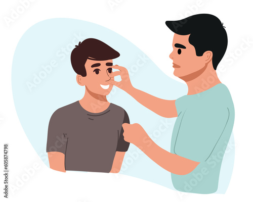 Examination of the nose before rhinoplasty. ENT doctor touching nose and consulting female patient in medical clinic before septoplasty operation