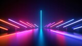 3d render, abstract panoramic neon background with arrows showing right direction, blue pink red gradient, Generative AI