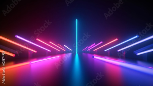 3d render, abstract panoramic neon background with arrows showing right direction, blue pink red gradient, Generative AI