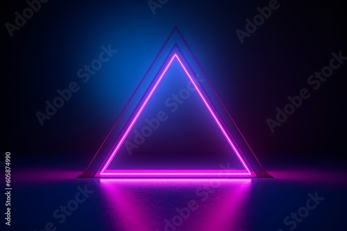 3d render, blue pink neon triangular frame, triangle shape, empty space, ultraviolet light, 80's retro style, fashion show stage, abstract background, Generative AI