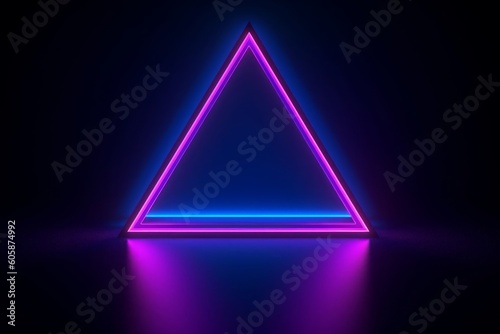 3d render, blue pink neon triangular frame, triangle shape, empty space, ultraviolet light, 80's retro style, fashion show stage, abstract background, Generative AI