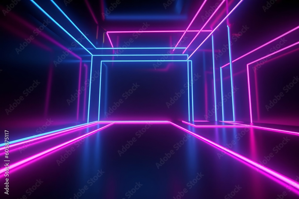 3d render, pink blue neon lines, geometric shapes, virtual space, ultraviolet light, 80's style, retro disco, fashion laser show, abstract background, Generative AI