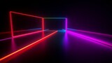3d render, abstract black background with red pink blue neon geometric line glowing in ultraviolet spectrum, square frame, Generative AI