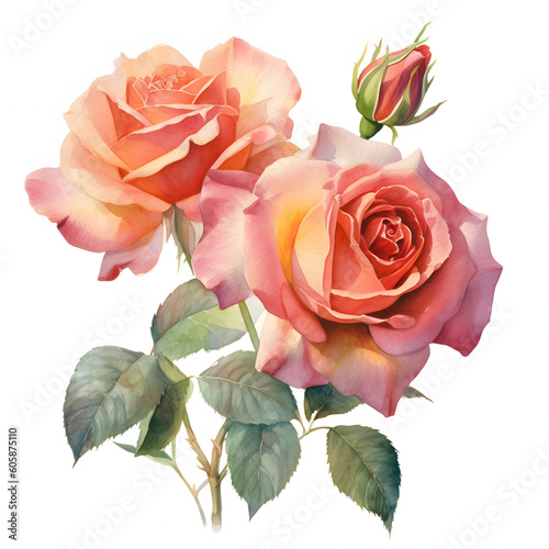 watercolor botanical ilustration of a bouquet of roses. Generated AI  © Craft