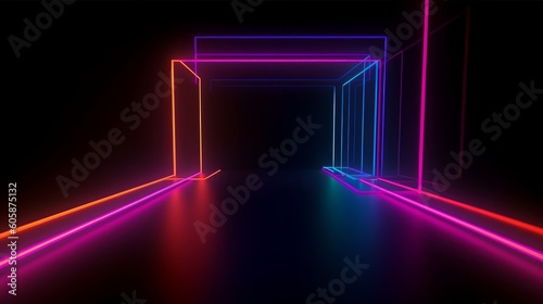 3d render, abstract black background with red pink blue neon geometric line glowing in ultraviolet spectrum, square frame, Generative AI