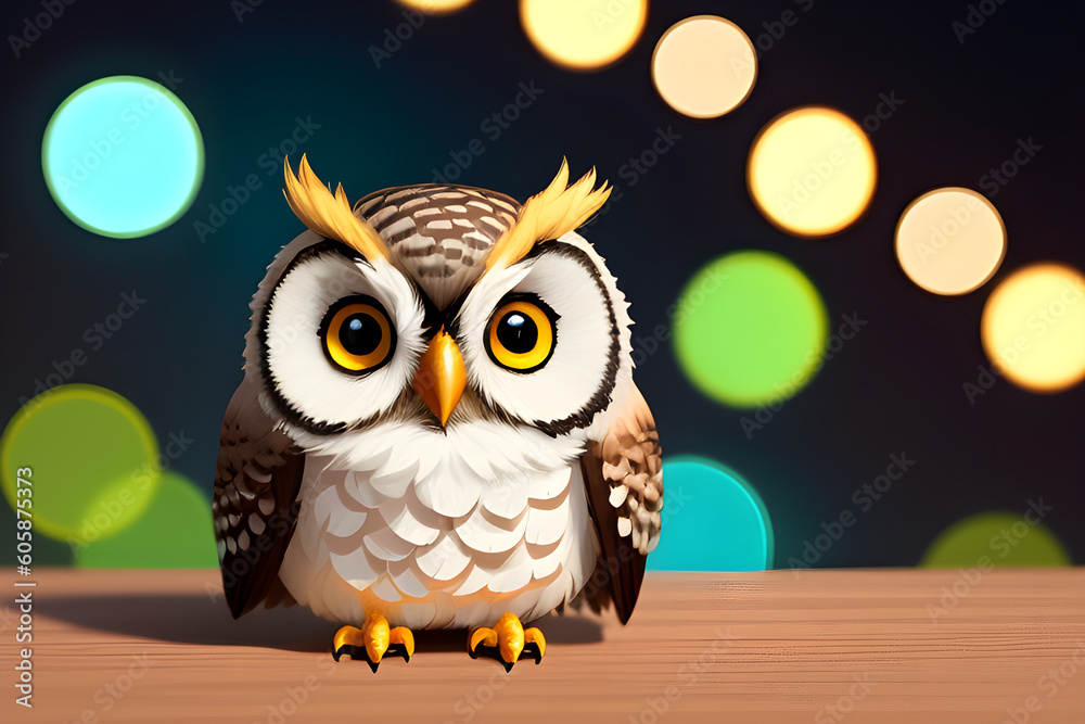Cute cartoon owl closeup view 
(AI-generated fictional illustration)

