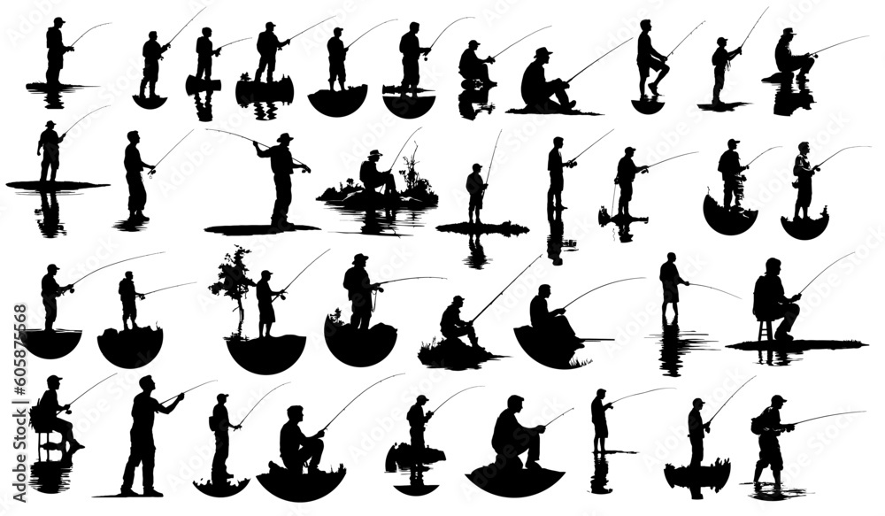 set of silhouettes of various positions and poses of men fishing