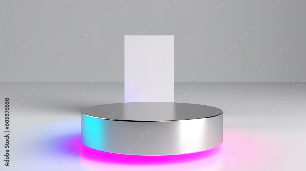 3D rendering silver base with modern neon stand for product presentation. Generative AI.