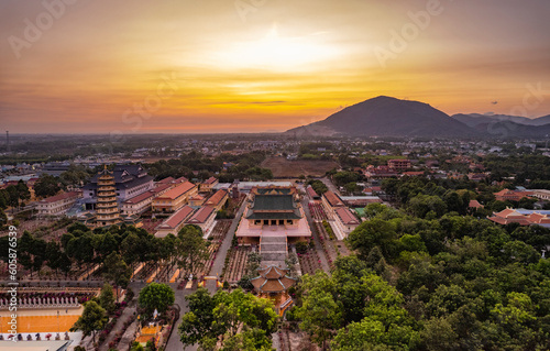Sunset in Dai Tong Lam pagoda, Ba Ria - Vung Tau, Vietnam. Photo taken on March 2023