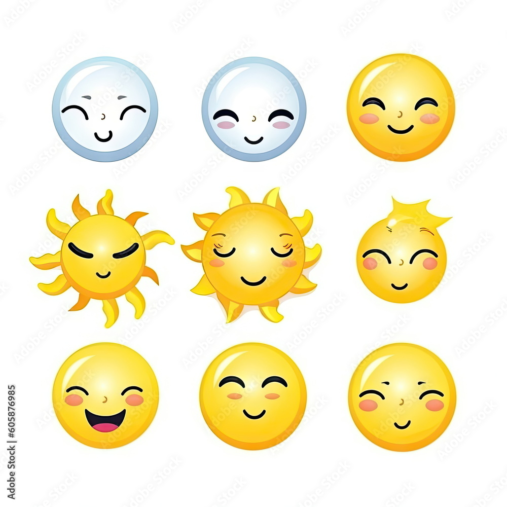 Fototapeta premium Sun and moon emoji set, white background
