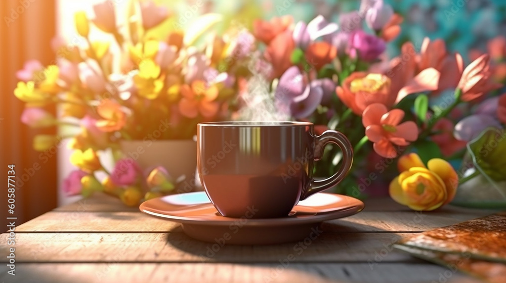 Coffee cup wooden table with flowers spring season calm relax coffee hot generative,Generative AI Coffee cup wooden table with flowers spring season calm relax coffee hot generative,Generative AI