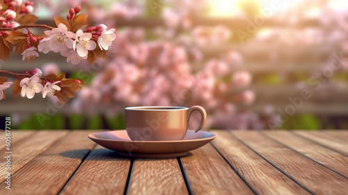 Coffee cup wooden table with flowers spring season calm relax coffee hot generative,Generative AI