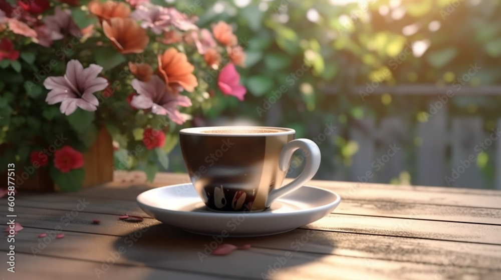 Coffee in cup on wooden table with flowers in spring season,Generative AI