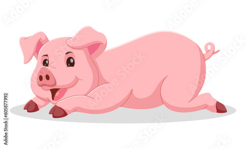 Happy pig cartoon lying down. cute pig cartoon isolated on white background. Vector illustration