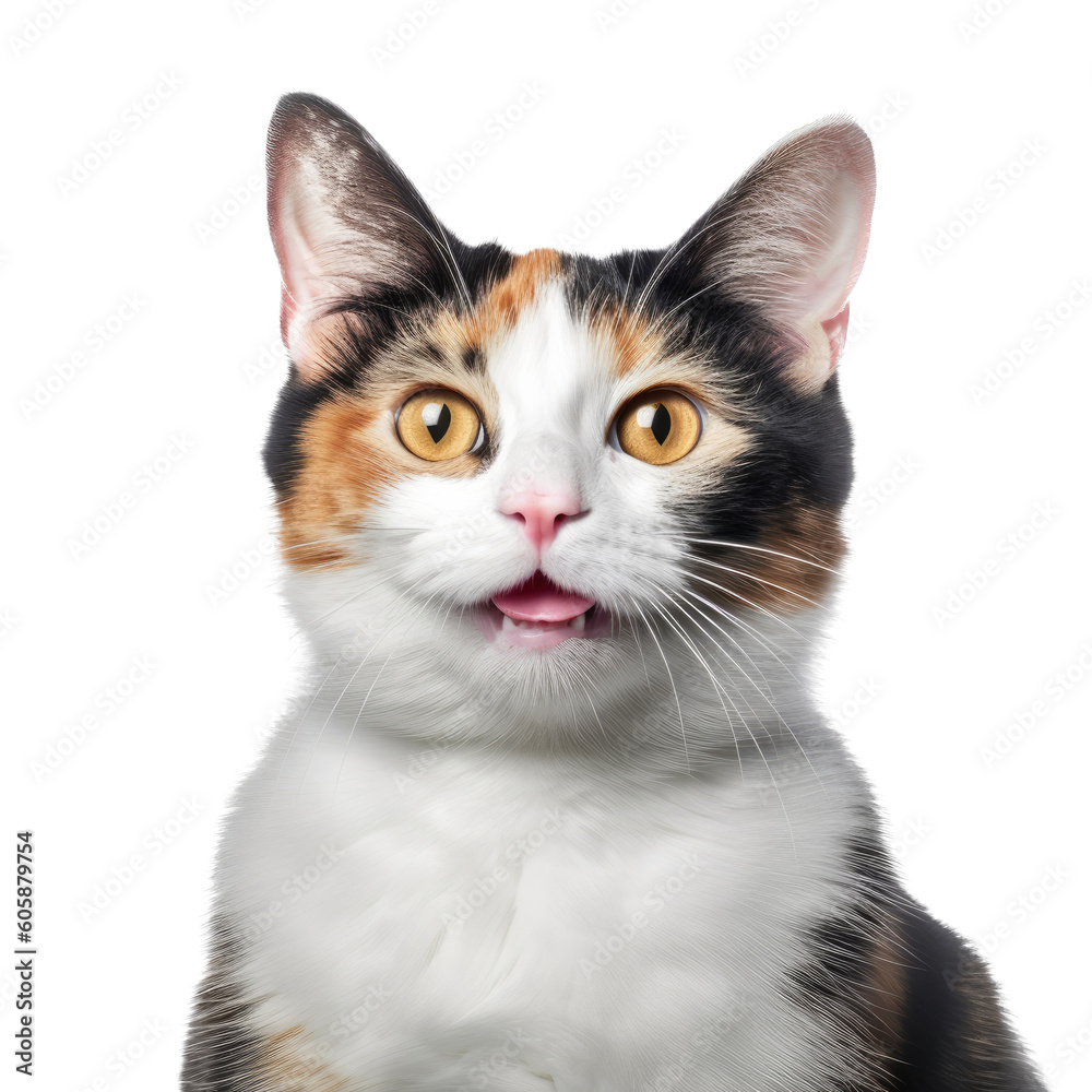 a Calico cat, portrait, side and 3/4 view, fluffyl and furry pet, Pet-themed, photorealistic illustrations in a PNG, cutout, and isolated. Generative AI