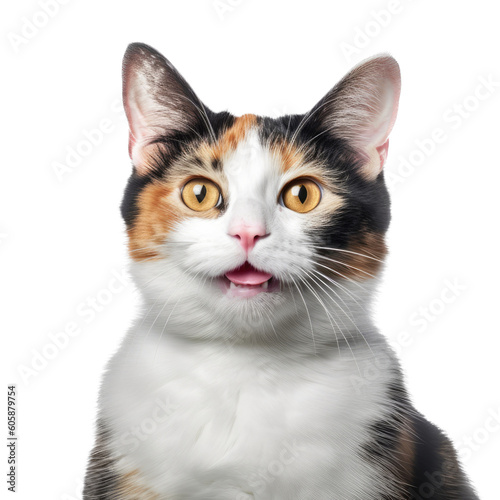 a Calico cat, portrait, side and 3/4 view, fluffyl and furry pet, Pet-themed, photorealistic illustrations in a PNG, cutout, and isolated. Generative AI © Purple Penguin GFX