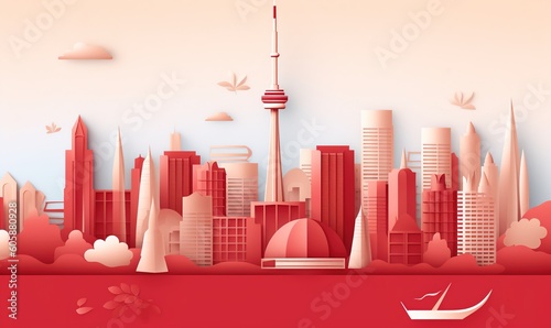 Canada day banner with flag and balloon background with city skyline. Ai Generated.