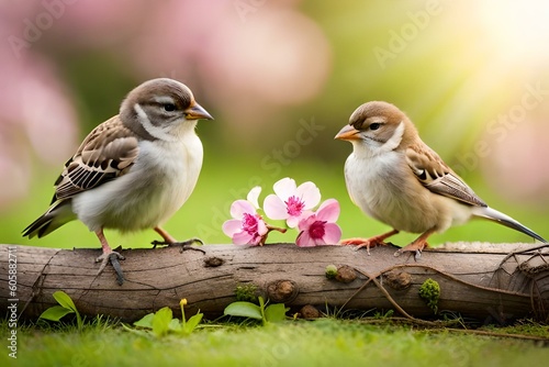 sparrow on a branch with pink flower by AI generating