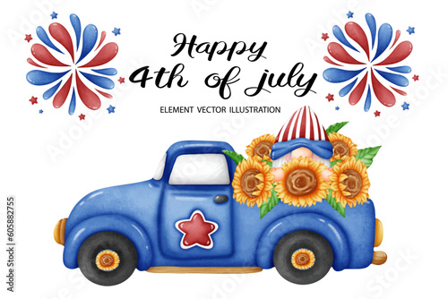 4th of July USA. America Gnome Pickup Truck Car Sunflower fireworks Watercolor Vector File ang PNG. ,Clipart cartoon vintage-Retro style for Independence day banner, poster, card, t shirt, sticker