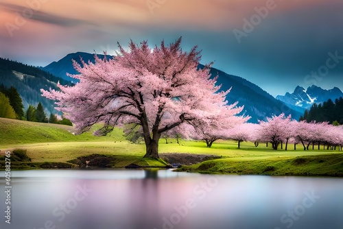 landscape with lake and mountains in spring by AI generating