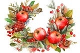 design for watercolor christmas wreath of branches boxwood and fir with red apples berries and cinnamon on a white background beautiful and bright frame for your holiday warm wishes generative ai
