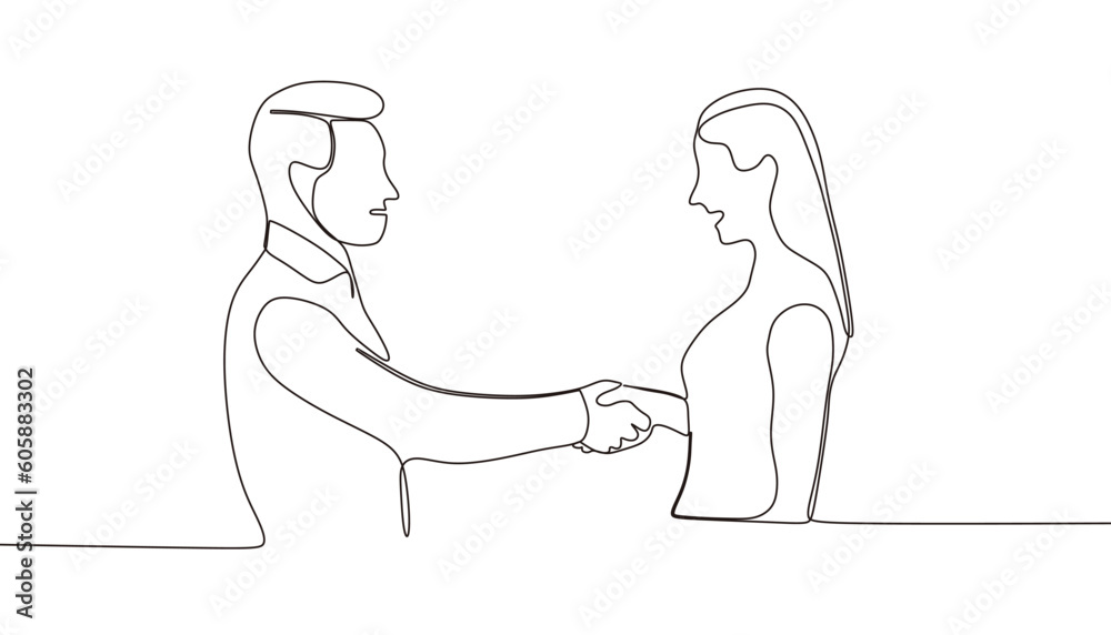 continuous line drawing of business meeting with handshake.