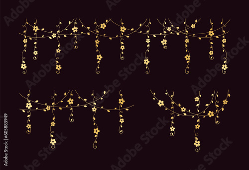 Gold vines frames and borders, golden hanging vine curtain design, botanical elements vector illustration set