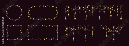 Gold vines frames and borders, golden hanging vine curtain design, botanical elements vector illustration set