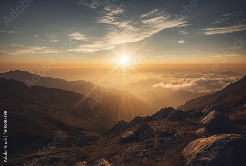 the sun and clouds in the sky above a mountain