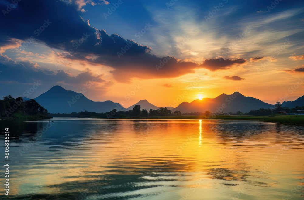 a colorful sunset over a mountain lake with clouds in the sky, impressive panoramas