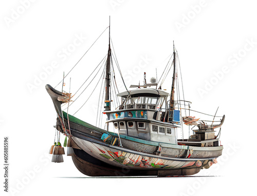 Realistic fishing boats in local countryside on a transparent background (PNG). Generative AI.