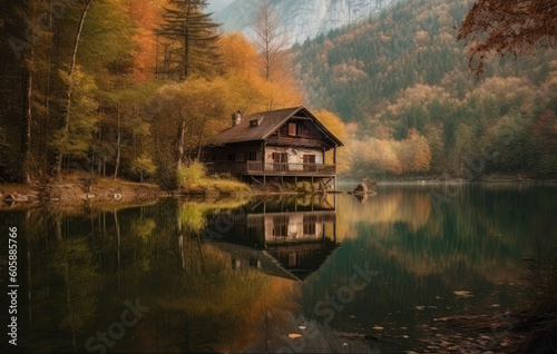 a wood cottage is located on a lake in the mountains