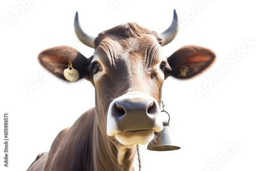 design for Portrait of funny cow with bell on a neck. Isolated on white. generative ai