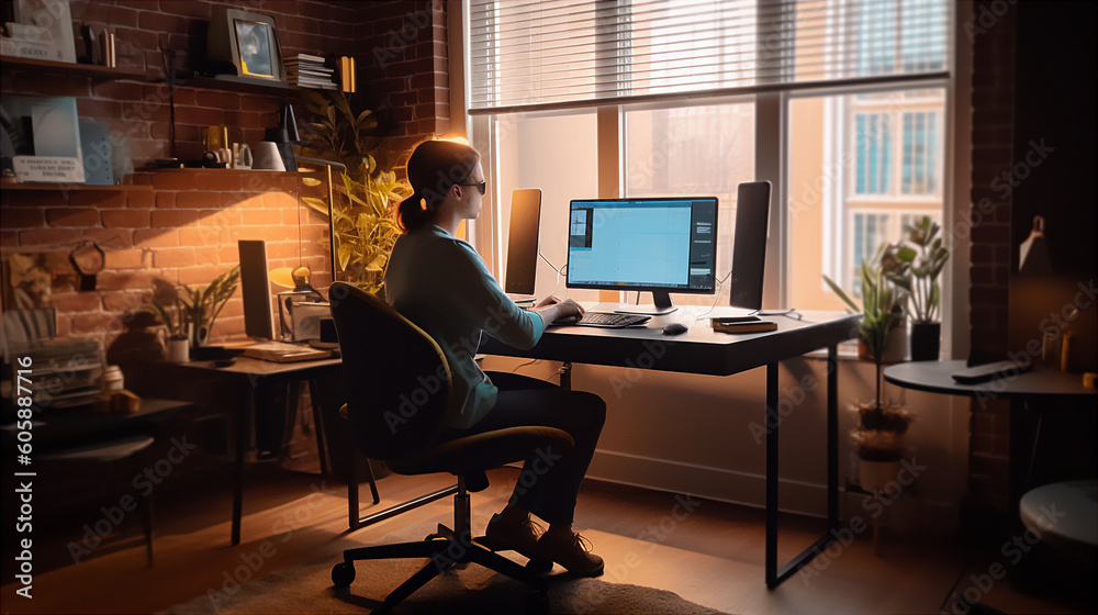 Woman work from home using a laptop for teleconference with her teammates. Generative AI